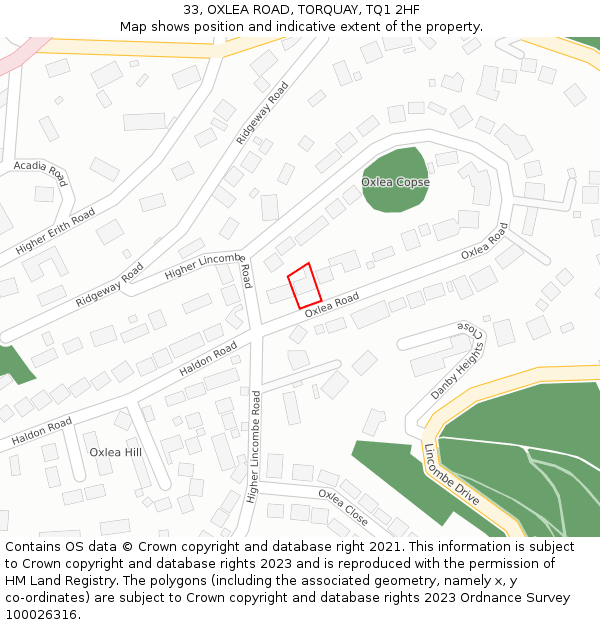 33, OXLEA ROAD, TORQUAY, TQ1 2HF: Location map and indicative extent of plot