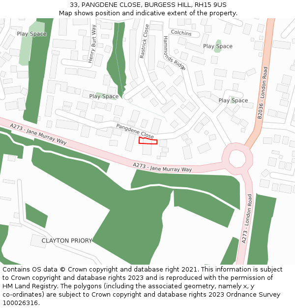 33, PANGDENE CLOSE, BURGESS HILL, RH15 9US: Location map and indicative extent of plot