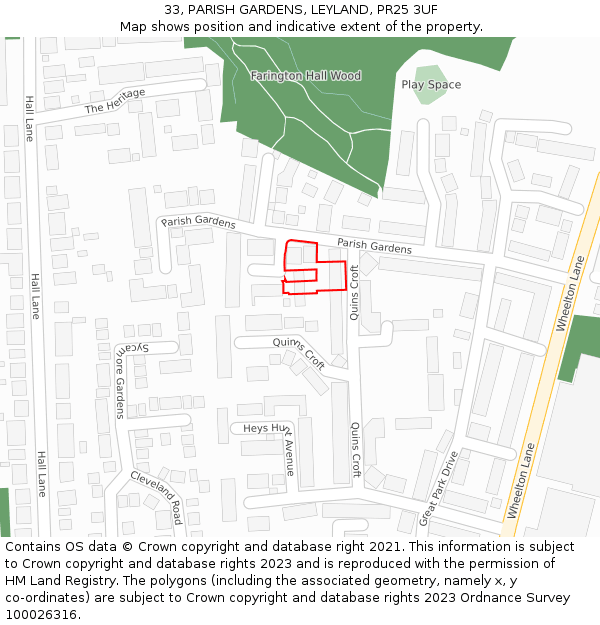 33, PARISH GARDENS, LEYLAND, PR25 3UF: Location map and indicative extent of plot