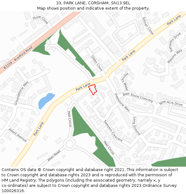 33, PARK LANE, CORSHAM, SN13 9EL: Location map and indicative extent of plot
