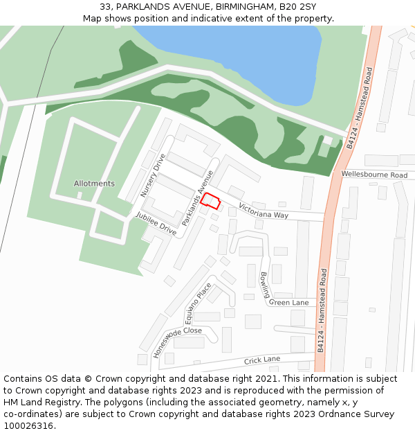 33, PARKLANDS AVENUE, BIRMINGHAM, B20 2SY: Location map and indicative extent of plot