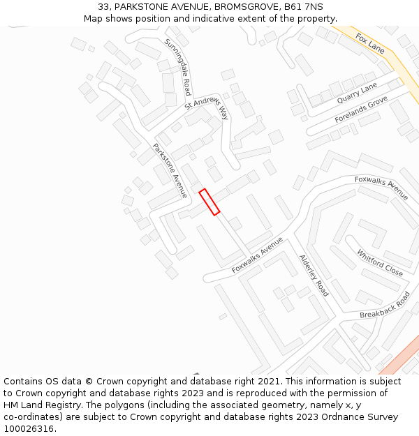 33, PARKSTONE AVENUE, BROMSGROVE, B61 7NS: Location map and indicative extent of plot
