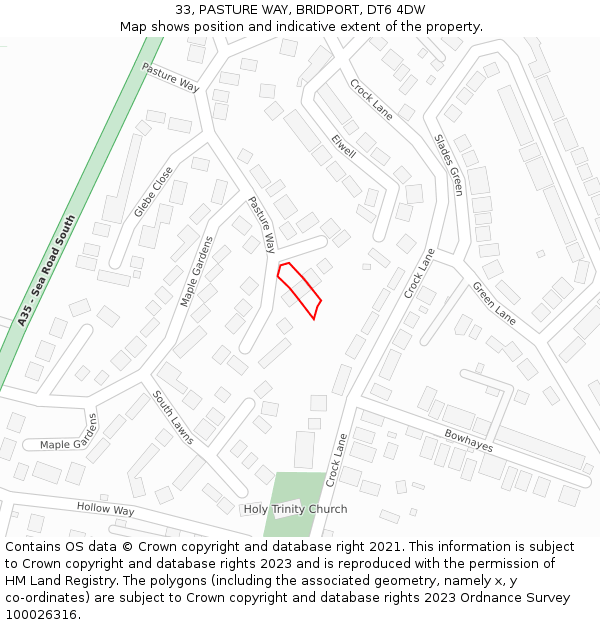 33, PASTURE WAY, BRIDPORT, DT6 4DW: Location map and indicative extent of plot