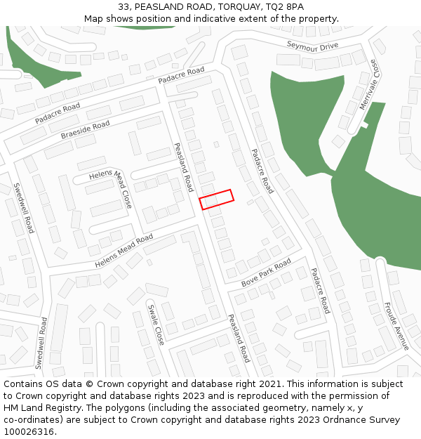 33, PEASLAND ROAD, TORQUAY, TQ2 8PA: Location map and indicative extent of plot