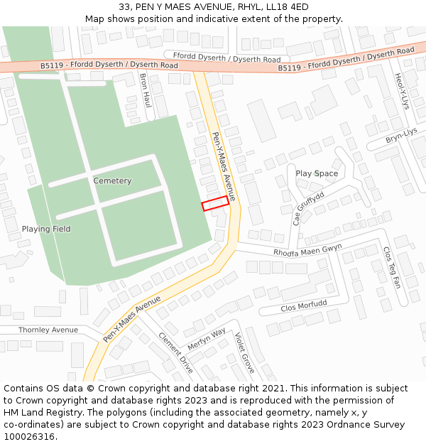 33, PEN Y MAES AVENUE, RHYL, LL18 4ED: Location map and indicative extent of plot