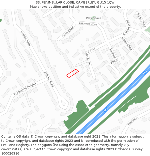 33, PENINSULAR CLOSE, CAMBERLEY, GU15 1QW: Location map and indicative extent of plot