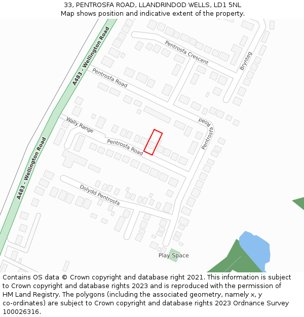 33, PENTROSFA ROAD, LLANDRINDOD WELLS, LD1 5NL: Location map and indicative extent of plot