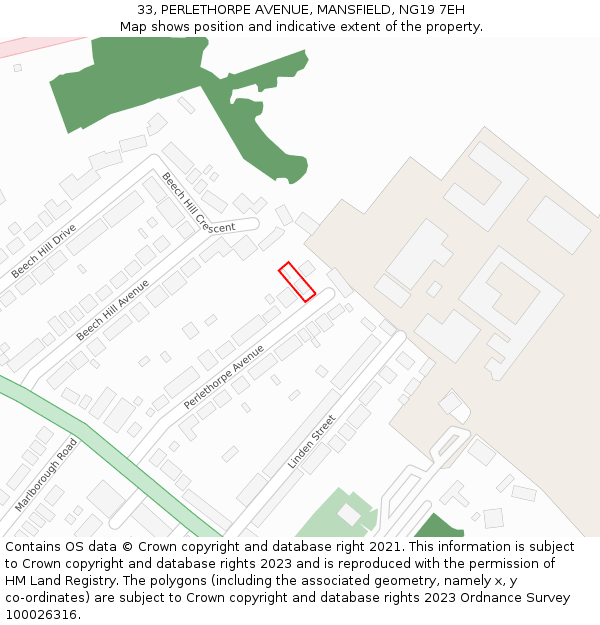 33, PERLETHORPE AVENUE, MANSFIELD, NG19 7EH: Location map and indicative extent of plot