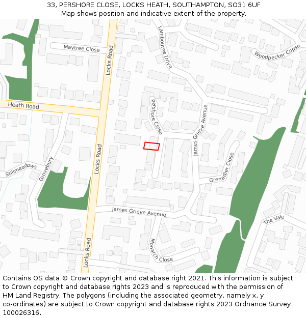 33, PERSHORE CLOSE, LOCKS HEATH, SOUTHAMPTON, SO31 6UF: Location map and indicative extent of plot