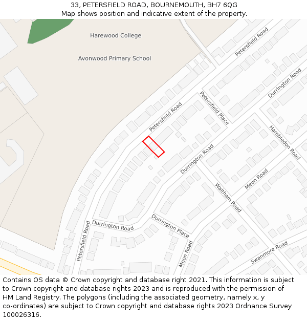 33, PETERSFIELD ROAD, BOURNEMOUTH, BH7 6QG: Location map and indicative extent of plot