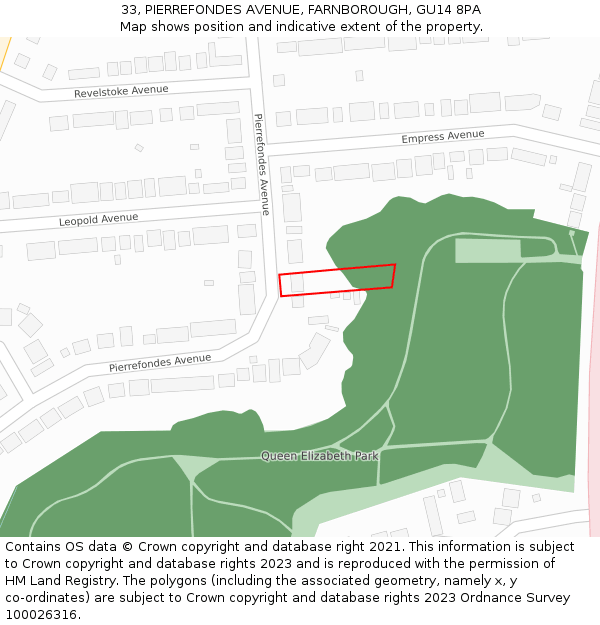 33, PIERREFONDES AVENUE, FARNBOROUGH, GU14 8PA: Location map and indicative extent of plot