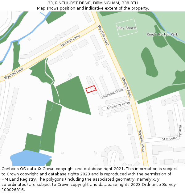 33, PINEHURST DRIVE, BIRMINGHAM, B38 8TH: Location map and indicative extent of plot