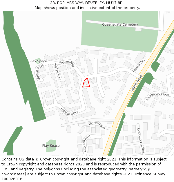 33, POPLARS WAY, BEVERLEY, HU17 8PL: Location map and indicative extent of plot