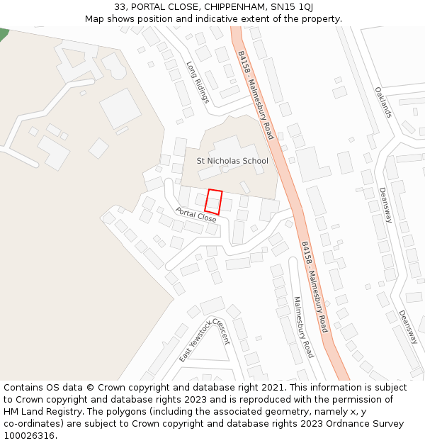 33, PORTAL CLOSE, CHIPPENHAM, SN15 1QJ: Location map and indicative extent of plot