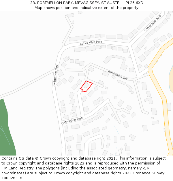 33, PORTMELLON PARK, MEVAGISSEY, ST AUSTELL, PL26 6XD: Location map and indicative extent of plot