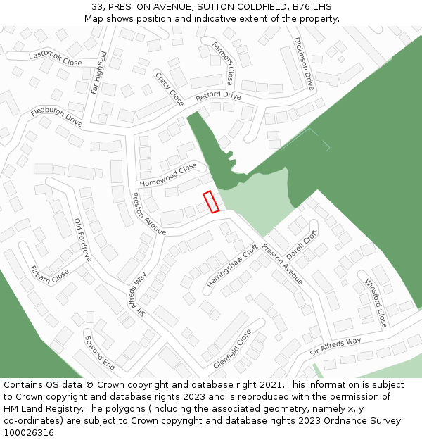 33, PRESTON AVENUE, SUTTON COLDFIELD, B76 1HS: Location map and indicative extent of plot