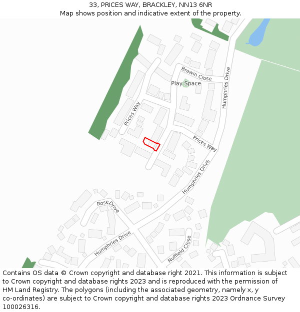 33, PRICES WAY, BRACKLEY, NN13 6NR: Location map and indicative extent of plot