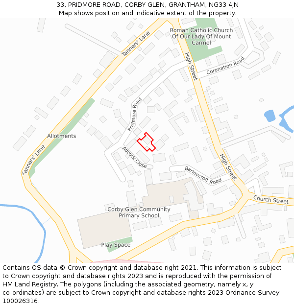 33, PRIDMORE ROAD, CORBY GLEN, GRANTHAM, NG33 4JN: Location map and indicative extent of plot