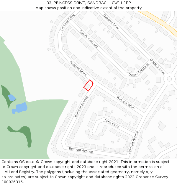 33, PRINCESS DRIVE, SANDBACH, CW11 1BP: Location map and indicative extent of plot