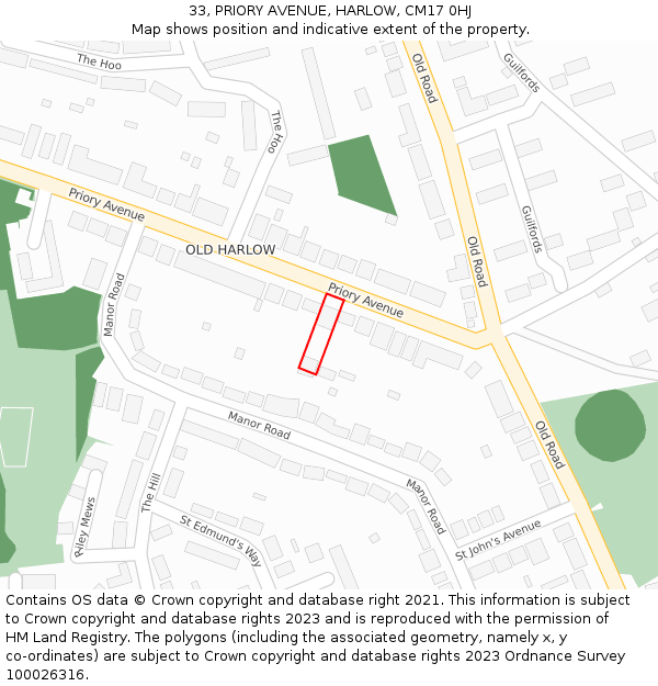 33, PRIORY AVENUE, HARLOW, CM17 0HJ: Location map and indicative extent of plot