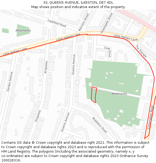 33, QUEENS AVENUE, ILKESTON, DE7 4DL: Location map and indicative extent of plot