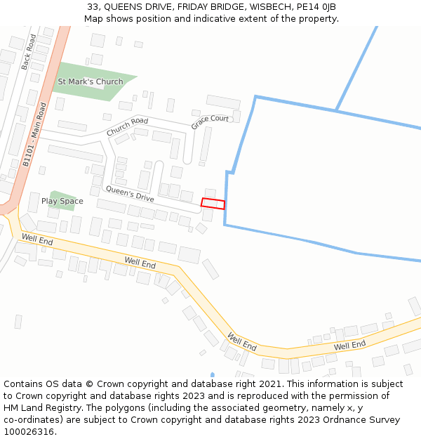 33, QUEENS DRIVE, FRIDAY BRIDGE, WISBECH, PE14 0JB: Location map and indicative extent of plot