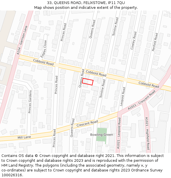 33, QUEENS ROAD, FELIXSTOWE, IP11 7QU: Location map and indicative extent of plot