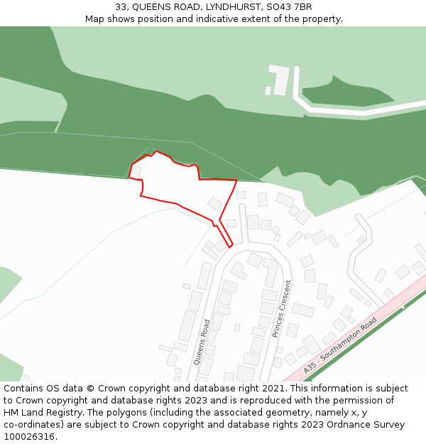 33, QUEENS ROAD, LYNDHURST, SO43 7BR: Location map and indicative extent of plot