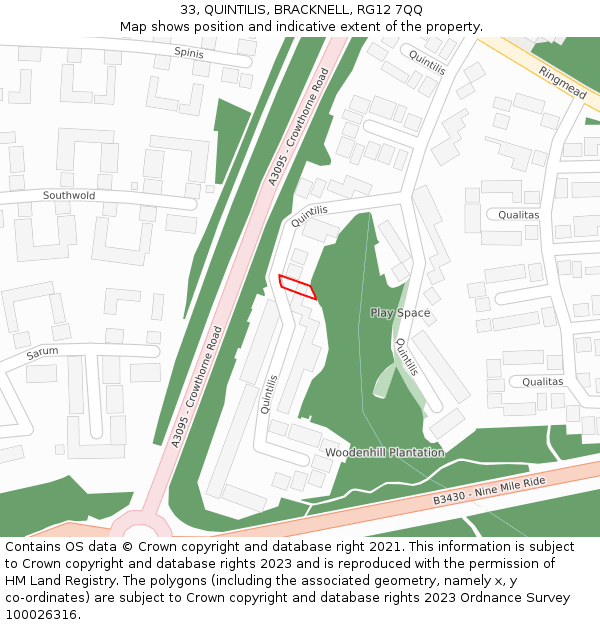 33, QUINTILIS, BRACKNELL, RG12 7QQ: Location map and indicative extent of plot