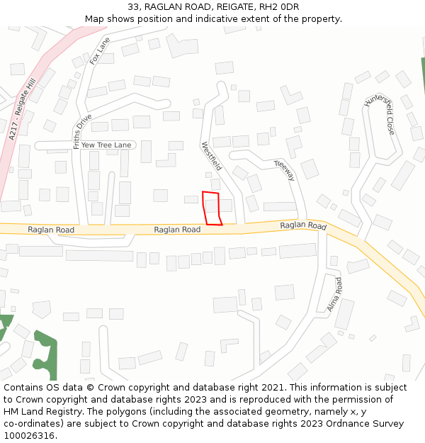 33, RAGLAN ROAD, REIGATE, RH2 0DR: Location map and indicative extent of plot