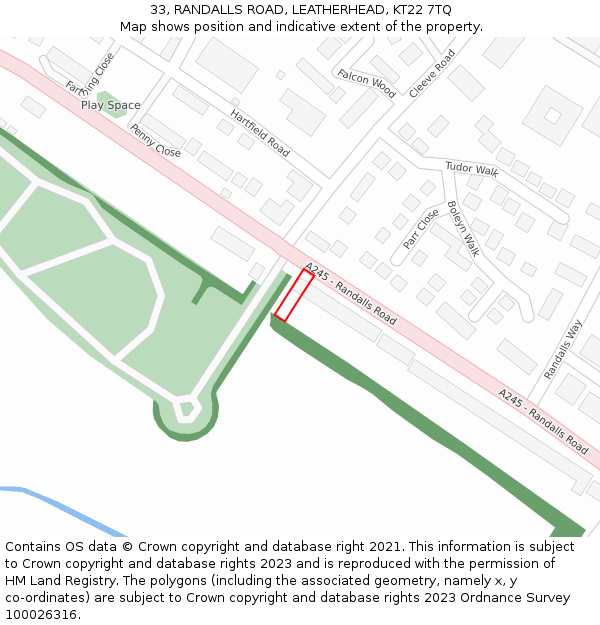 33, RANDALLS ROAD, LEATHERHEAD, KT22 7TQ: Location map and indicative extent of plot
