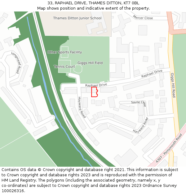 33, RAPHAEL DRIVE, THAMES DITTON, KT7 0BL: Location map and indicative extent of plot