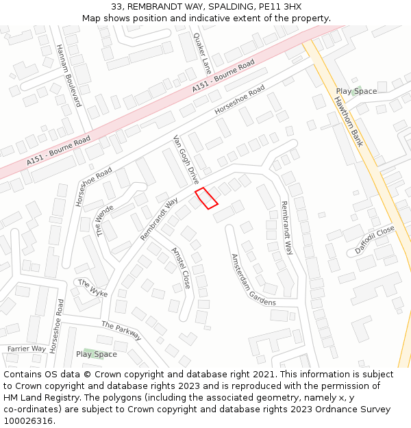 33, REMBRANDT WAY, SPALDING, PE11 3HX: Location map and indicative extent of plot