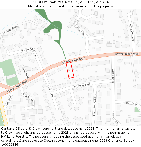 33, RIBBY ROAD, WREA GREEN, PRESTON, PR4 2NA: Location map and indicative extent of plot