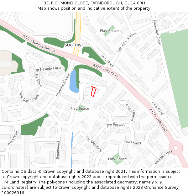 33, RICHMOND CLOSE, FARNBOROUGH, GU14 0RH: Location map and indicative extent of plot