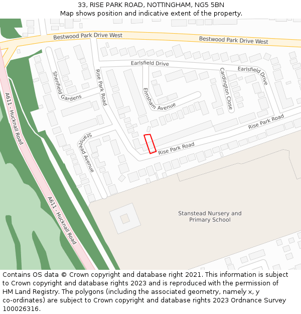 33, RISE PARK ROAD, NOTTINGHAM, NG5 5BN: Location map and indicative extent of plot