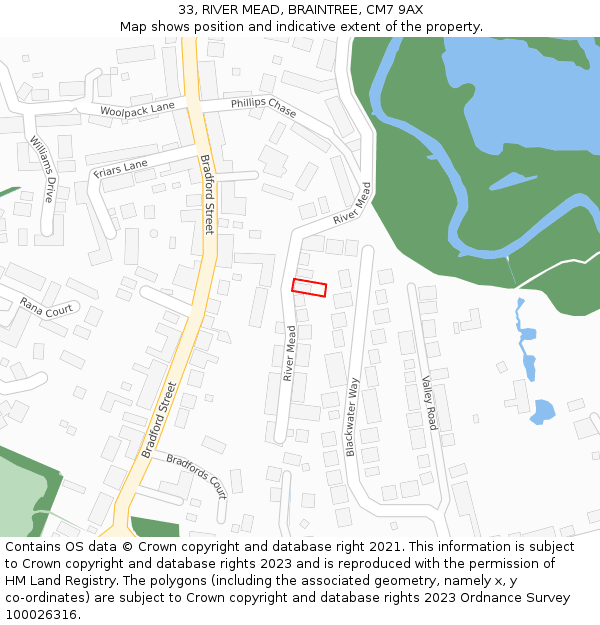 33, RIVER MEAD, BRAINTREE, CM7 9AX: Location map and indicative extent of plot