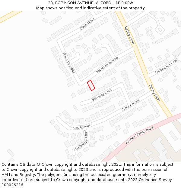 33, ROBINSON AVENUE, ALFORD, LN13 0PW: Location map and indicative extent of plot