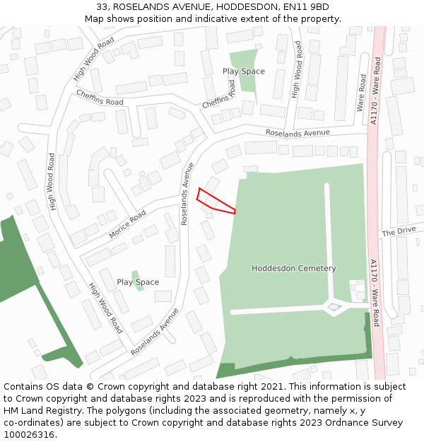 33, ROSELANDS AVENUE, HODDESDON, EN11 9BD: Location map and indicative extent of plot