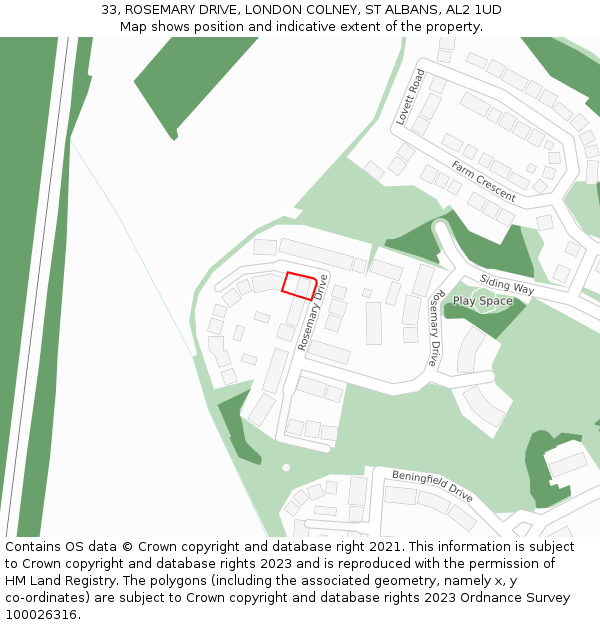 33, ROSEMARY DRIVE, LONDON COLNEY, ST ALBANS, AL2 1UD: Location map and indicative extent of plot