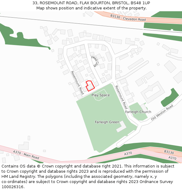 33, ROSEMOUNT ROAD, FLAX BOURTON, BRISTOL, BS48 1UP: Location map and indicative extent of plot