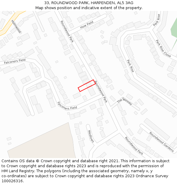 33, ROUNDWOOD PARK, HARPENDEN, AL5 3AG: Location map and indicative extent of plot