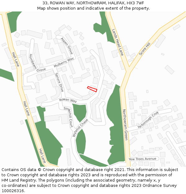 33, ROWAN WAY, NORTHOWRAM, HALIFAX, HX3 7WF: Location map and indicative extent of plot