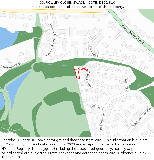 33, ROWLEY CLOSE, SWADLINCOTE, DE11 8LX: Location map and indicative extent of plot