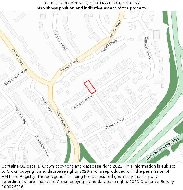 33, RUFFORD AVENUE, NORTHAMPTON, NN3 3NY: Location map and indicative extent of plot