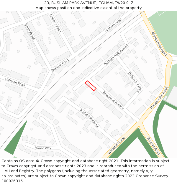 33, RUSHAM PARK AVENUE, EGHAM, TW20 9LZ: Location map and indicative extent of plot