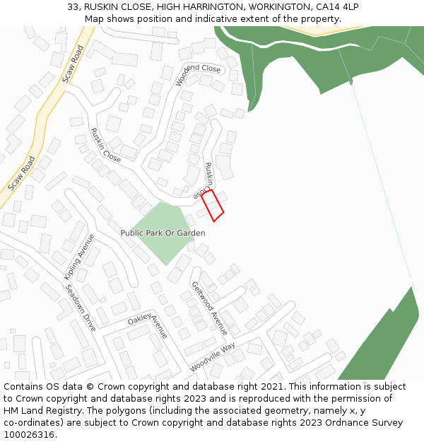 33, RUSKIN CLOSE, HIGH HARRINGTON, WORKINGTON, CA14 4LP: Location map and indicative extent of plot