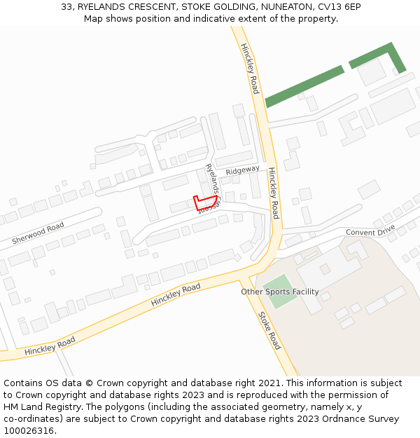 33, RYELANDS CRESCENT, STOKE GOLDING, NUNEATON, CV13 6EP: Location map and indicative extent of plot