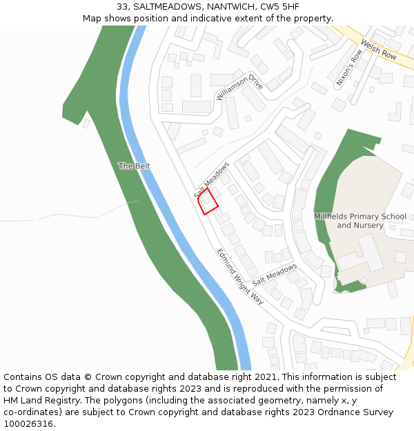 33, SALTMEADOWS, NANTWICH, CW5 5HF: Location map and indicative extent of plot