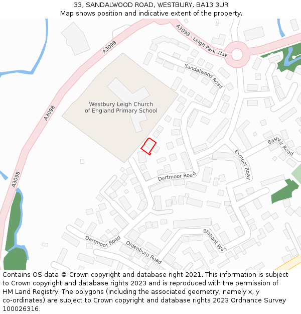 33, SANDALWOOD ROAD, WESTBURY, BA13 3UR: Location map and indicative extent of plot